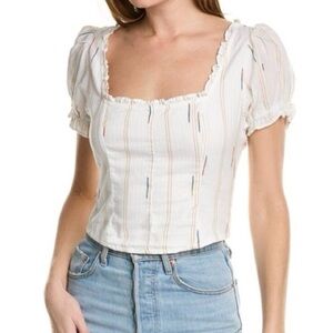 Free People White Square Neck Puff Sleeve Top with Subtle Stripe Detail